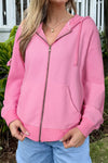 Women's Pink Ribbed Zip-Up Hooded Jacket with Drawstring - Chic and Cozy Outerwear for Casual and Stylish Looks
