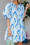 Stylish Women's Sky Blue Floral Striped Mini Dress with Tie Neck, Puff Sleeves, and Flared Fit for Effortless Chic