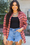 Trendy Women's Red Plaid Long Sleeve Shirt with Side Split and Distressed Hem for Casual Chic Style