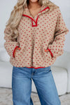Chic Women's Khaki Sherpa Pullover Sweatshirt with Contrast Trim & Dotty Print Cozy and Trendy Layering Essential