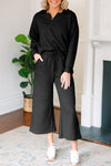 Chic Women's Black Textured V-Neck Collared Top with Wide Leg Pants Set - Stylish, Comfortable Outfit for Casual Outings