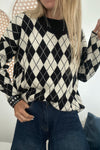 Trendy Women's Black Checkered Colorblock Sweater Top with Round Neck for Effortless Casual Style