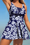 Women's Sleeveless Blue Floral Patchwork Swim Dress with Bow Knot - Perfect for Summer Beach Days & Pool Parties