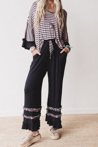 Black Striped Drop Shoulder 3/4 Ruffled Sleeve Loose Top and Ruffled Drawstring Pants 2pcs Outfit