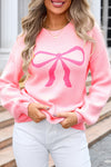 Cozy Women's Pink Bow Graphic Drop Shoulder Sweater - Casual Chic Round Neck Top for Effortless Style