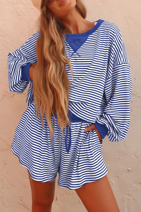 Women's Casual Summer 2-Piece Set: Oversized Blue Stripe Long Sleeve Top & Loose Drawstring Shorts