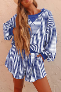 Women's Casual Summer 2-Piece Set: Oversized Blue Stripe Long Sleeve Top & Loose Drawstring Shorts