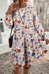 Women's Casual Khaki Floral Tiered Ruffled Dress with Long Sleeves and Round Neck - Ideal for Spring Outings