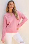 Women's Peach Blossom Knit Sweater with Notched Neck and Floral Details - Cozy, Stylish, Perfect for Spring Outfits