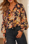 Stylish Women's Black Floral V-Neck Blouse with Long Puff Sleeves - Lightweight and Breezy Summer Fashion Top