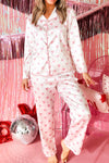 Women's Relaxed Fit Pink Heart Print Silky Pajama Set - Stylish Long Shirt & Shorts Sleepwear for Cozy Nights