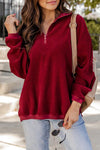 Cozy Women's Red Dahlia Quarter Zip Corduroy Pullover Sweatshirt with Drop Shoulders for Casual Style