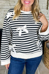 Trendy Women's Black Satin Stripe Sweatshirt with Ribbon Bow, Drop Shoulder for Effortless Casual Chic