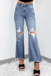 Trendy Women's Dusk Blue High Rise Flared Jeans with Ripped Distressed Hem for Effortless Casual Chic