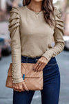 Stylish Women's Khaki Puff Sleeve Sheath Top with Button Detail - Comfortable Everyday Wear for Effortless Chic