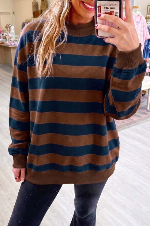 Women's Casual Brown Stripe Colorblock Mock Neck Sweatshirt - Relaxed Fit Top for Everyday Style and Comfort