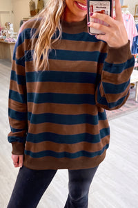 Women's Casual Brown Stripe Colorblock Mock Neck Sweatshirt - Relaxed Fit Top for Everyday Style and Comfort