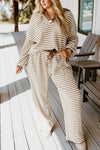 Plus Size Women's Khaki Striped V-Neck Pullover & Wide Leg Pants Set - Effortless Chic with Drawstring Waist