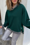 Women's Cozy Evergreen Contrast Trim Zip Sweatshirt with Side Slit - Relaxed Fit, Stylish Round Neck Casual Top