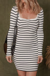 Trendy Women's Black Striped Ribbed Knit Mini Sweater Dress with Square Neck - Ideal for Fall Fashion and Casual Outings