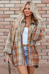 Trendy Women's Khaki Plaid Colorblock High-Low Shacket Jacket - Stylish Layering Essential for Fall Fashion