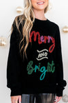 Women's Cozy Black Tinsel Christmas Graphic Sweater - Merry & Bright Holiday Style, Perfect Gift for Festive Occasions