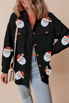 Women's Black Sequin Christmas Graphic Button-Up Shacket with Ribbed Details - Stylish Holiday Layering Piece