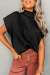 Casual Women's Black Ribbed Knit Short Sleeve Sweater with Patch Pockets - Chic Everyday Essential for Effortless Style