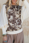 Trendy Women's Khaki Camouflage Puff Sleeve Hooded Top in Soft Cotton Gauze for Casual Chic Style and Comfort