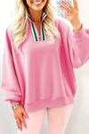 Women's Pink Contrast Striped Pullover Sweatshirt with Zip Collar for Stylish Casual Comfort and Layering