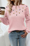 Light Pink Women's Casual Sweater with Textured Knit and Floral Embroidery – Ideal for Everyday Chic Style