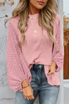Trendy Women's Gossamer Pink Swiss Dot Balloon Sleeve Blouse - Effortless Loose Fit Top for Chic Style
