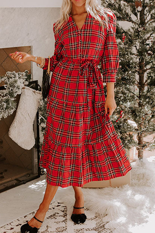 Festive Women's Red Plaid Midi Dress with V-Neck, 3/4 Sleeves, Tie Waist, and Ruffle Hem for Holiday Cheer
