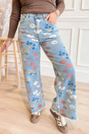 Women's Sky Blue Floral Shift Jeans with Raw Hem – Casual Chic Style for Effortless Everyday Fashion