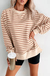 Cozy Women's Khaki Striped Baggy Sweatshirt with Ribbed Cuffs and Trendy Seam Detail for Effortless Style