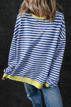 Cozy Women's Blue Striped Oversized Sweatshirt with Contrast Trim - Effortless Casual Pullover for Chic Comfort