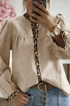 Trendy Women's Brown Stripe Leopard Print Long Sleeve Shirt with Patchwork Detail - Chic Casual Fashion Top