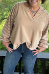 Plus Size Women's Striped Raglan Sleeve Jumper in Parchment with Stylish Notched Neck and Trendy Raw Edge Details