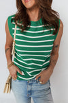 Women's Casual Green Stripe Sleeveless Sweater Vest - Comfortable Knit Top for Effortless Layering and Stylish Look