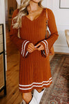 Trendy Women's Gold Flame V-Neck Mini Dress with Striped Bell Sleeves - Chic Wide Rib Knit for a Stylish Look