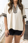 Women's Jet Stream Leopard Print Short Sleeve Blouse with Patchwork Trim and Split Neck for a Chic Look