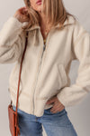 Cozy Women's Beige Fleece Zip-Up Jacket with Stylish Buckle Collar - Perfect for Casual Chic Outfits