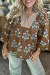 Plus Size Women's Brown Floral and Striped V-Neck Blouse - Trendy Patchwork Top for Casual Wear and Outings