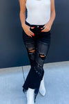 Trendy Women's Black Asymmetric Distressed Cowgirl Jeans with Raw Hem - Chic Fit for Casual Everyday Style
