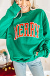 Women's Cozy Bright Green MERRY Graphic Sweatshirt - Trendy Casual Pullover for Effortless Chic Style