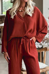 Chic Women's Red Clay Oversized V-Neck Top & Drawstring Pants Set - Trendy Loose Fit 2-Piece Outfit for Effortless Style