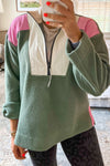 Trendy Women's Green Color Block Half Zip Sweatshirt - Cozy Fleece with Stylish Patchwork for Casual Outings