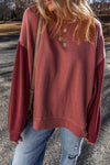 Cozy Women's Mineral Red Two-Tone Patchwork Drop Shoulder Sweatshirt - Effortless Everyday Casual Style