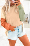 Trendy Beige Color Block Casual Sweatshirt for Women with Split Hem - Comfortable Everyday Fashion Essentials