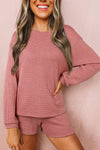 Mineral Red Textured Loose Pullover & Casual Shorts Set for Women – Comfy Chic Loungewear for Relaxed Days